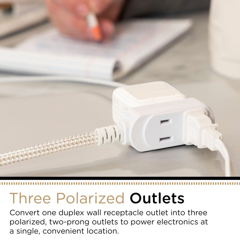 Cordinate Designer 3-Outlet Extension Cord, 2 Prong Power Strip, Extra Long 8 Ft Cable with Flat Plug, Braided Chevron Fabric Cord, Slide-to-Close Safety Outlets, Tan/White, 41891 - Image 2